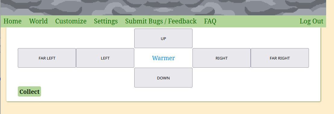 Screenshot of the unstyled mining page, showing the current status as "Warmer" but at a cold distance.