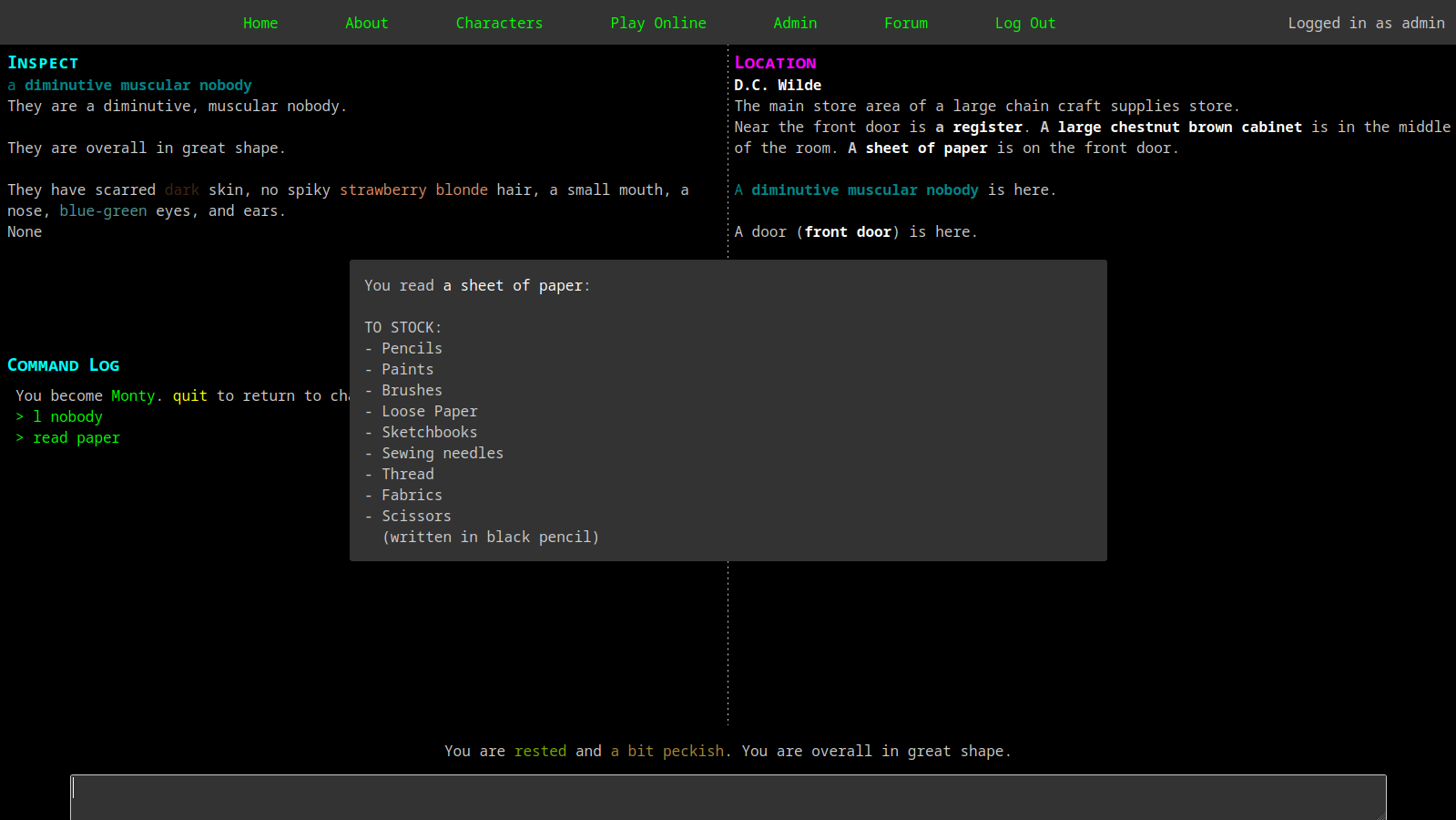 A screenshot of the game interface, showing a pop-up reading a list of things to stock in a game store.