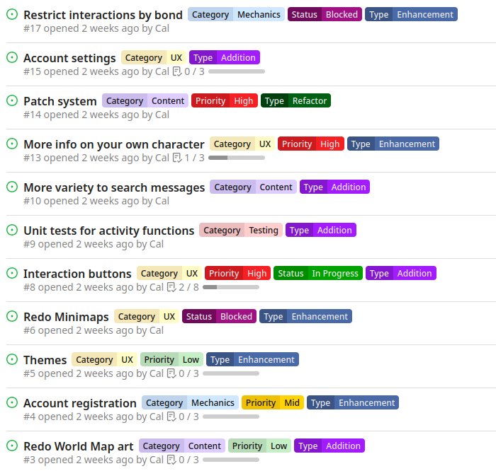 A list of open issues, with priority and type labels, for Zerrarium development
