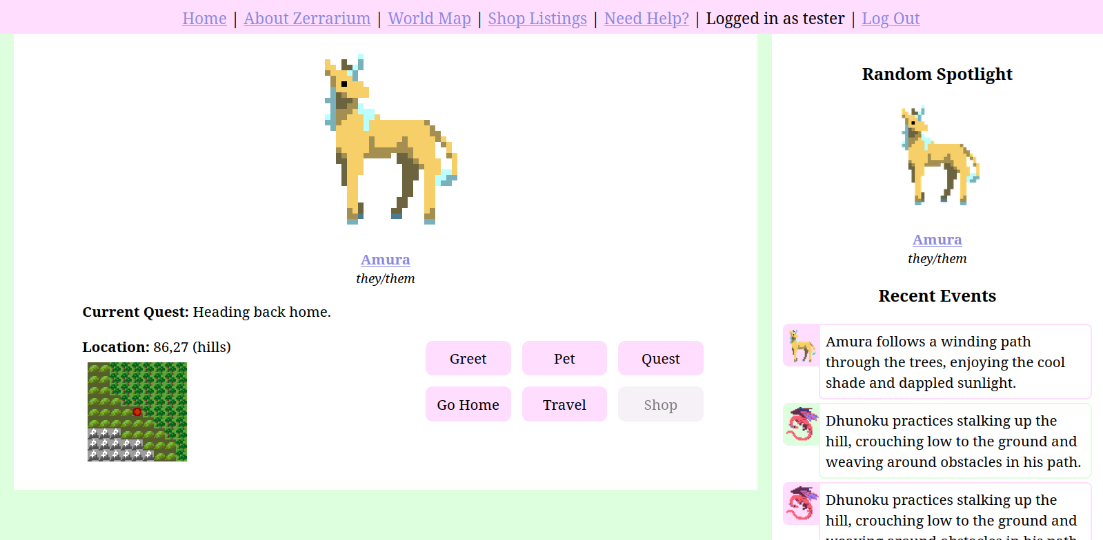 Screenshot of the home page when logged in, with some interaction buttons