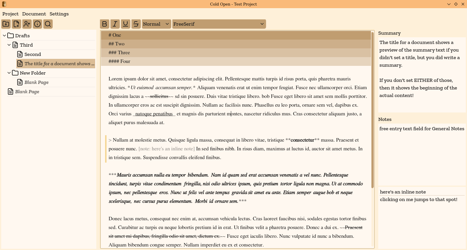 Screenshot of a godot-based markdown writing app